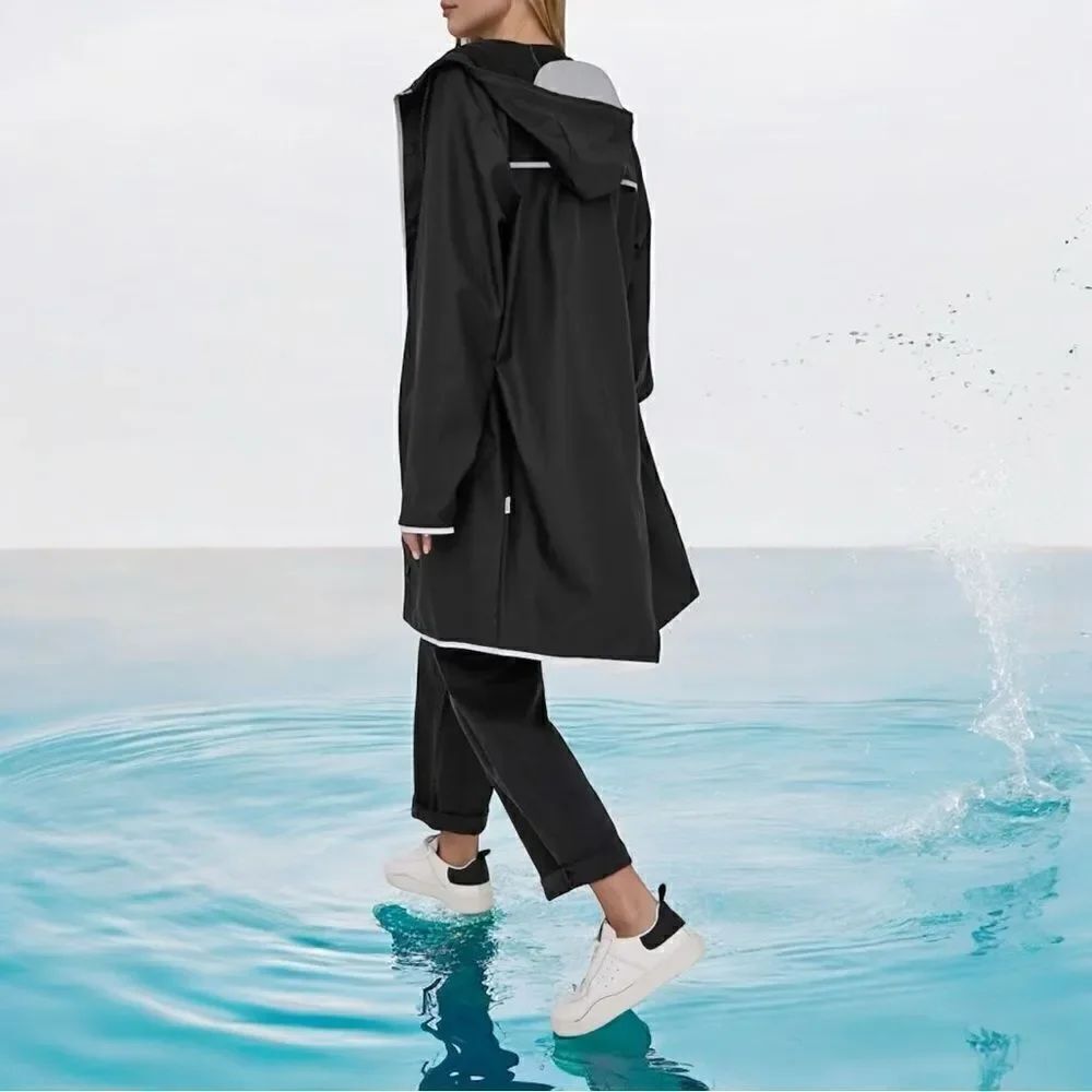 RAINS Unisex Long Black Reflective Raincoat Jacket in the Size Large - Picture 12 of 15